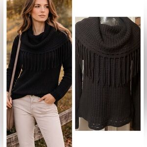 Black Fringe Cowl Neck Sweater L Textured Casual Boho Knit